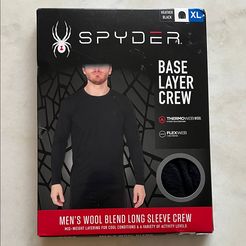 New Spyder Black Wool Blend Base Layer Long Sleeve Crew Thermo Web Sz Xl